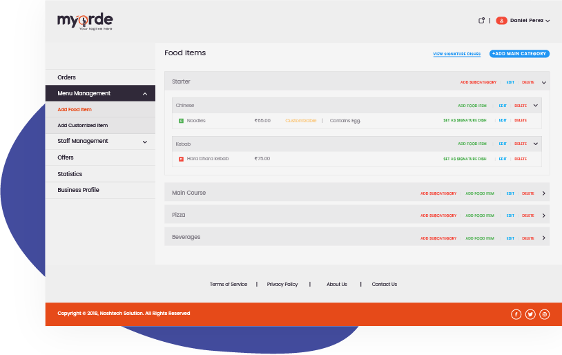 Restaurant/Business Owner Side Web Interface for Zomato like App